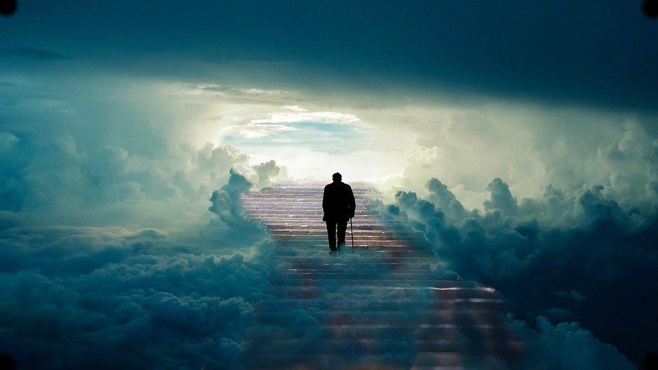 男人, 楼梯, 天堂, 老人, 脚步, 天空, 云, 多云的, 信仰, 幻想