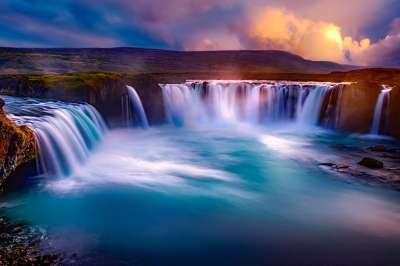 Godafoss 冰岛 瀑布 下降 峡谷 河 水 景观 日落