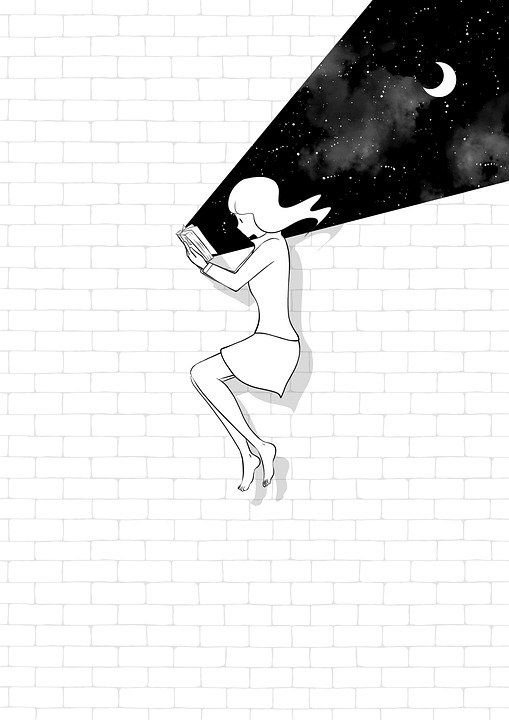 想象力 创造力 插画师 绘画 黑和白 女孩 读 月亮 书 知识