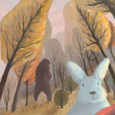 森林 秋天 动物 兔子 熊 野生动物 草 水彩绘画 绘画 艺术