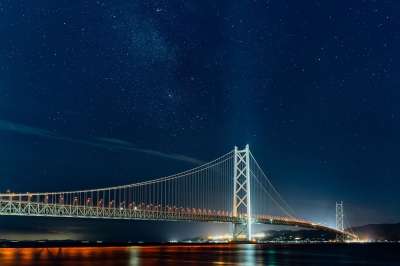 桥 夜景 明石-海峡的桥梁 星空 银河系 世界上最长的吊桥 日本