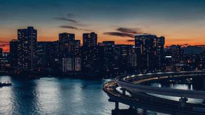 城市 桥 晚上 暮 湾 彩虹桥 东京 地标 路 高速公路