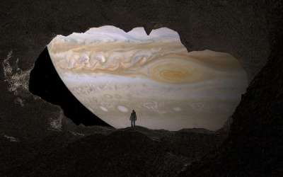 洞穴 木星 宇航员 空间 行星 岩石 逆光 反射光 阴凉处