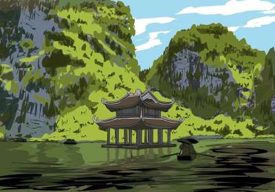 寺庙 自然 艺术 画画 绘画 旅行 勘探 亭台楼阁 船 运河