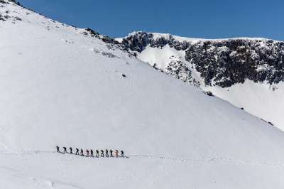 冬天 阿达达拉山 登山 山 人们 日本 福岛 远足 雪 登山者
