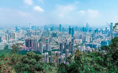深圳 城市 全景 现代化 建筑 植物 绿色 蓝色 蓝天 白云