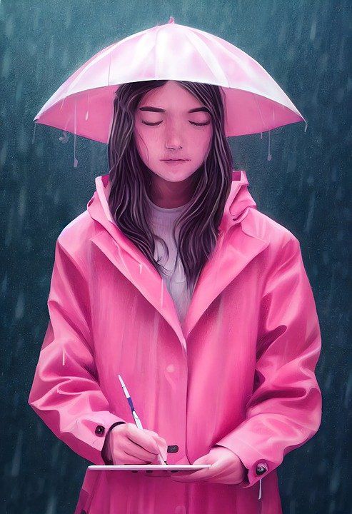 女孩 数字绘图 药片 粉色的 雨 颜色 雨衣 秋天 雨伞