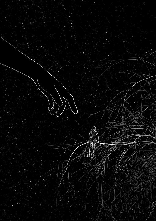 想象力 童话故事 创造力 插画师 绘画 黑和白 树 手 星夜