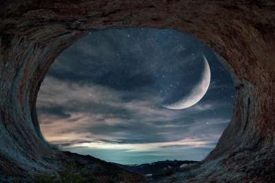景观 洞穴 月亮 暮 夜晚 天空 星星 夜空 新月 星空