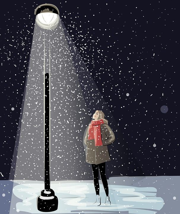冬天 女孩 降雪 灯柱 路灯 暴风雪 晚上 灯光 下雪 画画