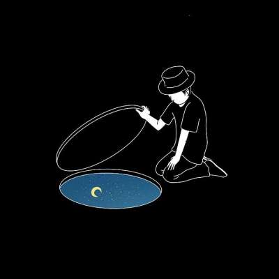 男人 月亮 夜晚 地下 井盖 梦 超现实的 卡通片 绘画