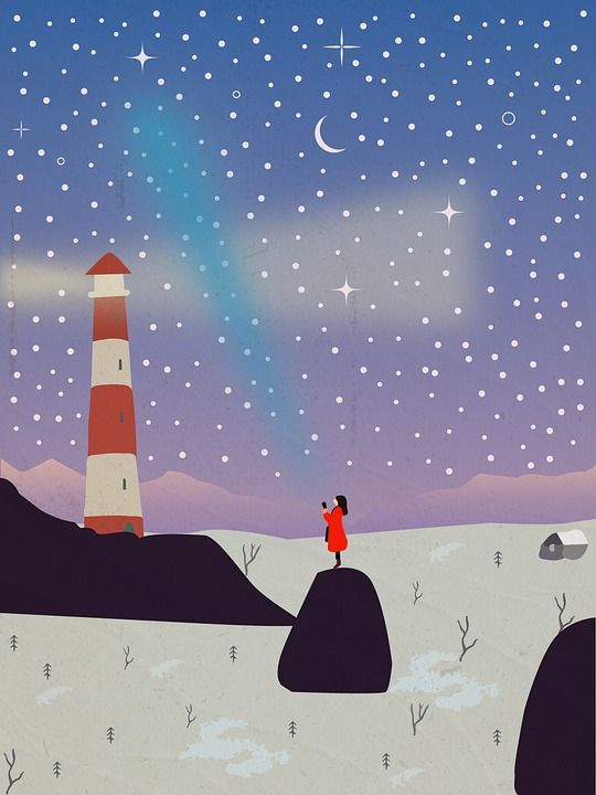 灯塔 星空 女孩 星星 夜晚 景观 海洋 天空 灯塔 星空