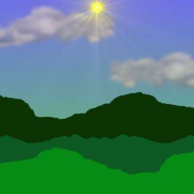 山 丘陵 谷 天空 云 太阳 景观 太阳光线 卡通片 复制空间