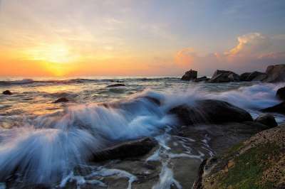 波浪 岩石 日落 天空 海浪 海 海景 地平线 黄昏 暮 水