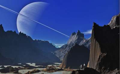 土星 景观 山 多山 峡谷 原始世界 原始风景 环形行星 宇航员