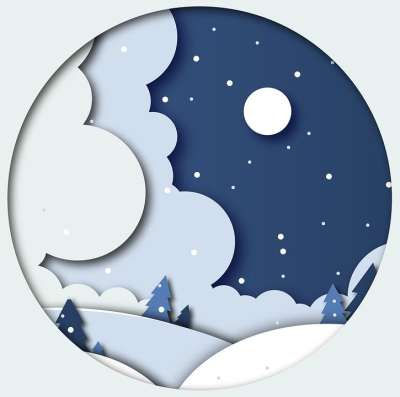 雪 冬天 景观 剪纸 雕刻 纸 雪堆 明信片 圣诞树 夜晚