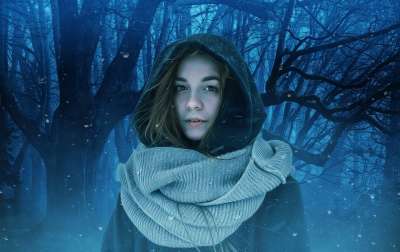 女士 冬天 雪 幻想 肖像 森林 树木 蓝色的