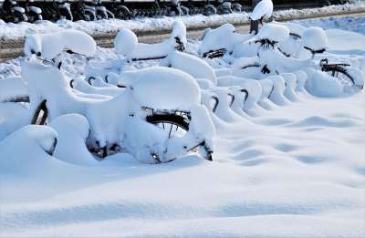 自行车 雪 冬天 自行车停车架 雪覆盖 下雪的 寒冷的 霜