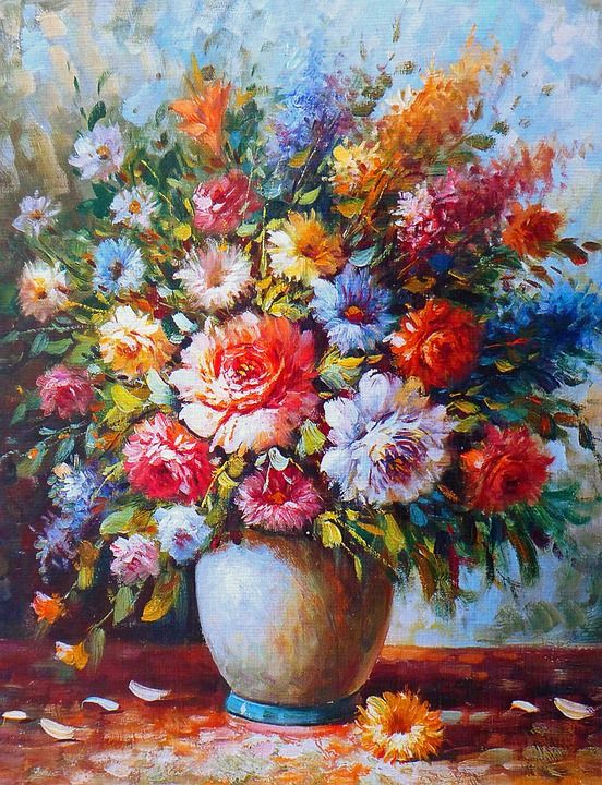 油画 绘画 图片 艺术 艺术品 花 鸵鸟 花瓶 多彩多姿的