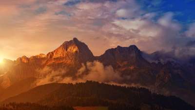 山 日落 全景 黎明 景观 阿尔卑斯山 奥地利 天堂 照明心情