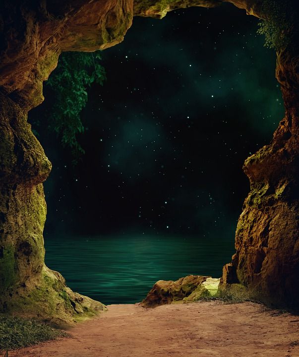 洞穴 星空 海 水 树叶 洞穴输出 神秘 苔藓 复制空间 背景
