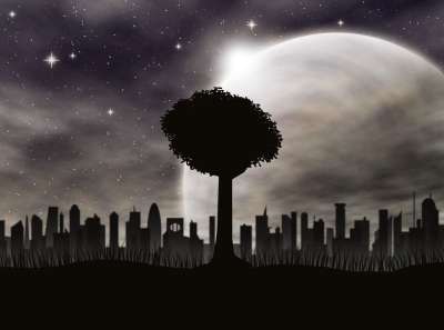 树 星空 城市 剪影 景观 建筑 幻想 超现实的 夜晚 黑暗