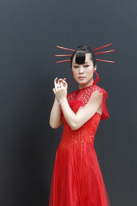 模特 古典 美女 女人 红色的礼服 亚洲 传统 美女 美女
