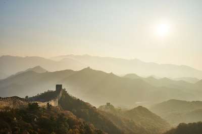山 日落 景观 全景 中国 长城 墙 边境 落下 秋天 中国