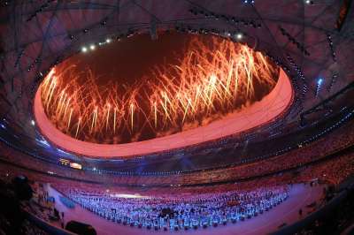 烟花 北京 中国 奥运会 开幕典礼 体育场 里面 观众 参加