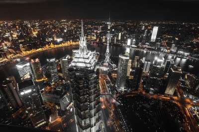 夜晚 城市 上海 亚洲 东方 结构 城市的 灯 城市景观
