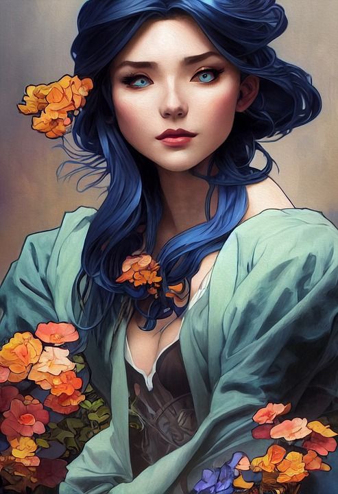 女士 花朵 盛开 美丽 女孩 头发 落下 新艺术风格 油画