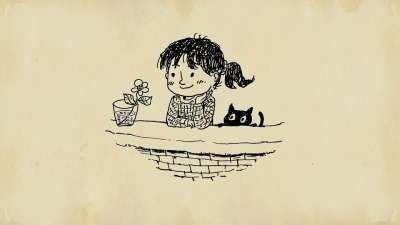 女孩 猫 花 童话故事 绘画 幻想 画画 卡通片 喜悦 可爱的