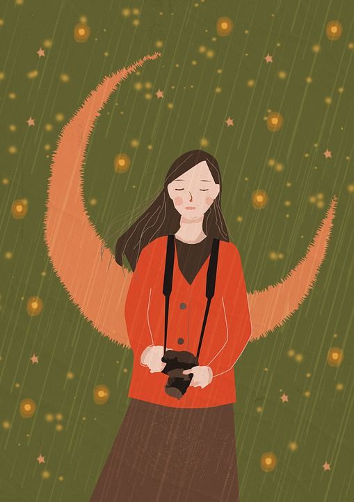 女孩 魔法 月亮 星星 摄影 艺术品 下雨
