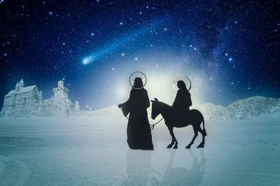 约瑟夫 玛丽亚 驴 圣家庭 在途中 沙漠 星空 彗星 圣诞故事