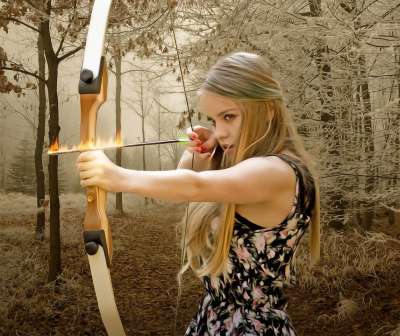 女士 女性 射手 年轻 美丽 箭 弓 武器 幻想 特点