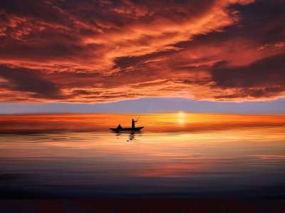 船 男人 日落 剪影 天空 云 黄昏 暮 海洋 海 海景