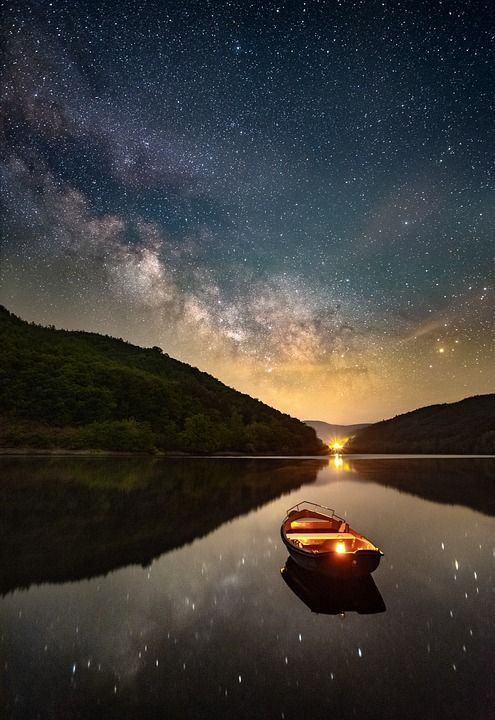 夜晚 湖 船 星星 天堂 灯笼 星空 安静的 魔法 幻想