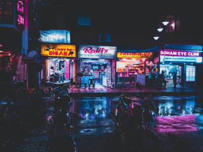 店铺 城市 夜晚 氖 广告 符号 标牌 打开 酒吧 结构