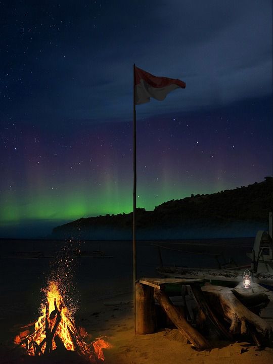 营火 海滩 旗帜 印度尼西亚 星空 极光 北极光 风景 夜晚
