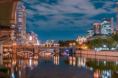 路 桥 建筑物 夜晚 城市 反射 水 大阪 长期接触 景观