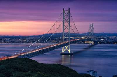 景观 晚上 明石-海峡的桥梁 吊桥 照明 光的轨迹 城市的灯光