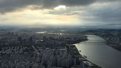汉城 韩国 乐天 塔 日落 亚洲 旅行 城市 地标 天际线