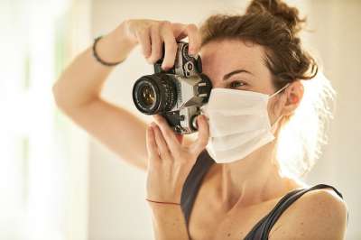 摄影师 冠状病毒 面具 复古的 隔离区 晕 隔离 保护 感染