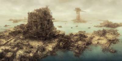 废墟 战争 港口 建造 城市 绘画 水彩 画画 艺术 弃