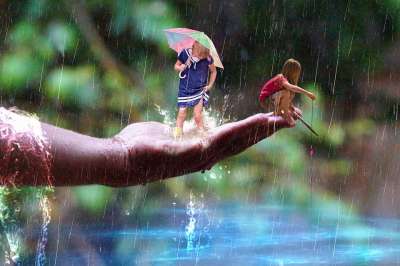 雨 儿童 休闲 捕鱼 集会 手
