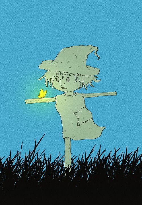 卡通片 手绘 稻草人 夜晚 蝴蝶 光 童话故事 蓝蝴蝶