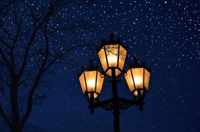 灯柱 夜晚 星空 星星 路灯 烛台路灯 灯光 夜空 树 轮廓