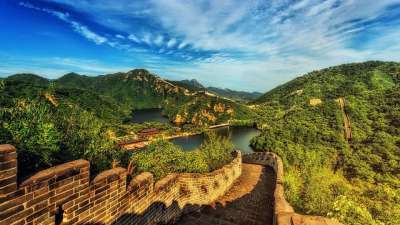 长城 中国 全景 地标 湖 水 景观 吸引力 山 建造 夏天