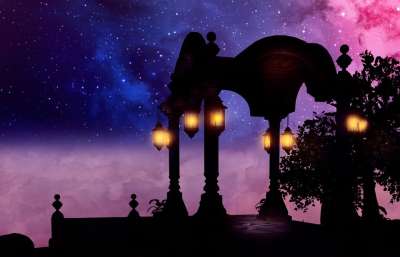 幻想 星空 云 宇宙 背景图片 模板 灯笼 神秘 弓 凉亭