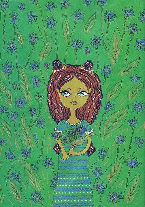 女孩 花朵 草地 儿童插画 草图 画画 纵向 历史 幻想 森林